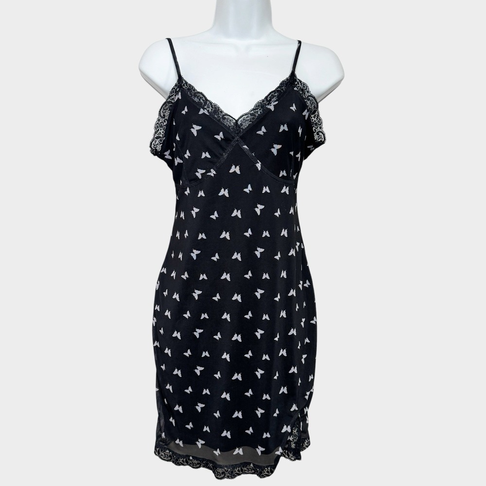 Wild Fable Mini Dress Butterfly AOP Print Lace Trim Mesh Slip Women Small Black